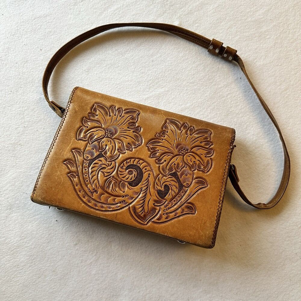 Vintage Hand Tooled Leather Shoulder Bag 10x7 Purse - Picture 2 of 10
